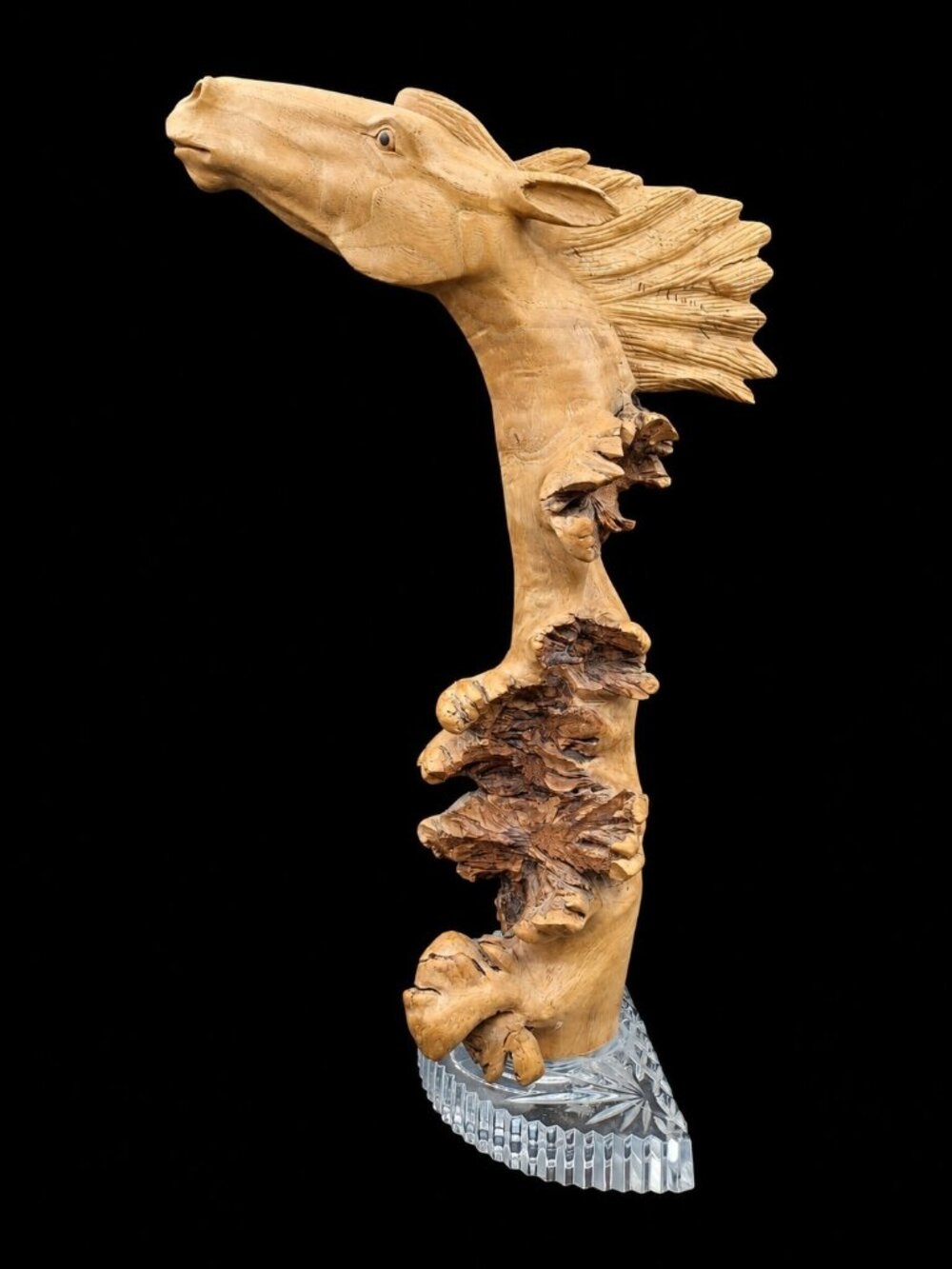 16" X 9.5" Burlwood Horse In Clouds Hand Carved Wood Sculpture On Crystal Base